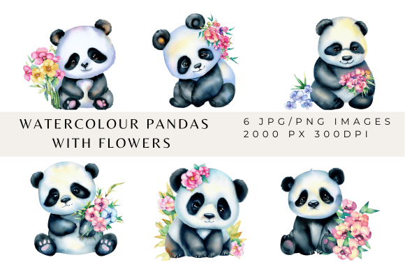 Charming Watercolour Pandas and Flowers for Creative Projects