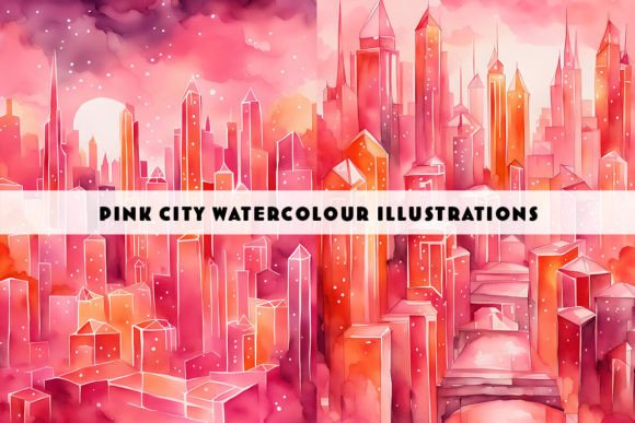 Pink and Orange Cities Watercolour Duo: Vibrant Digital Art